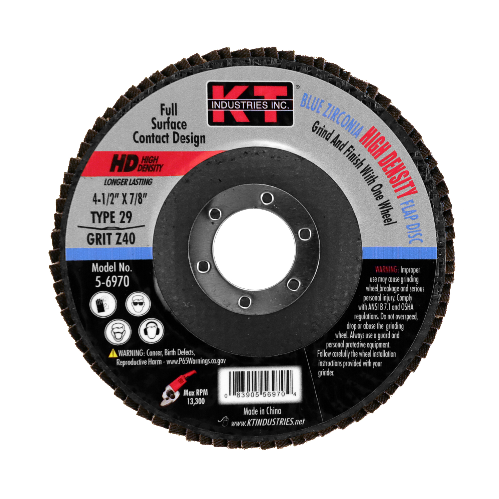 K-T Industries High Density Blue Zirconia Flap Disc — 4 1/2in. x 7/8in., 40 Grit, Model# 5-6970
